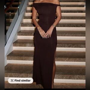 TikTok stretchy long off shoulder Brown Evening Dress with side slit in medium.